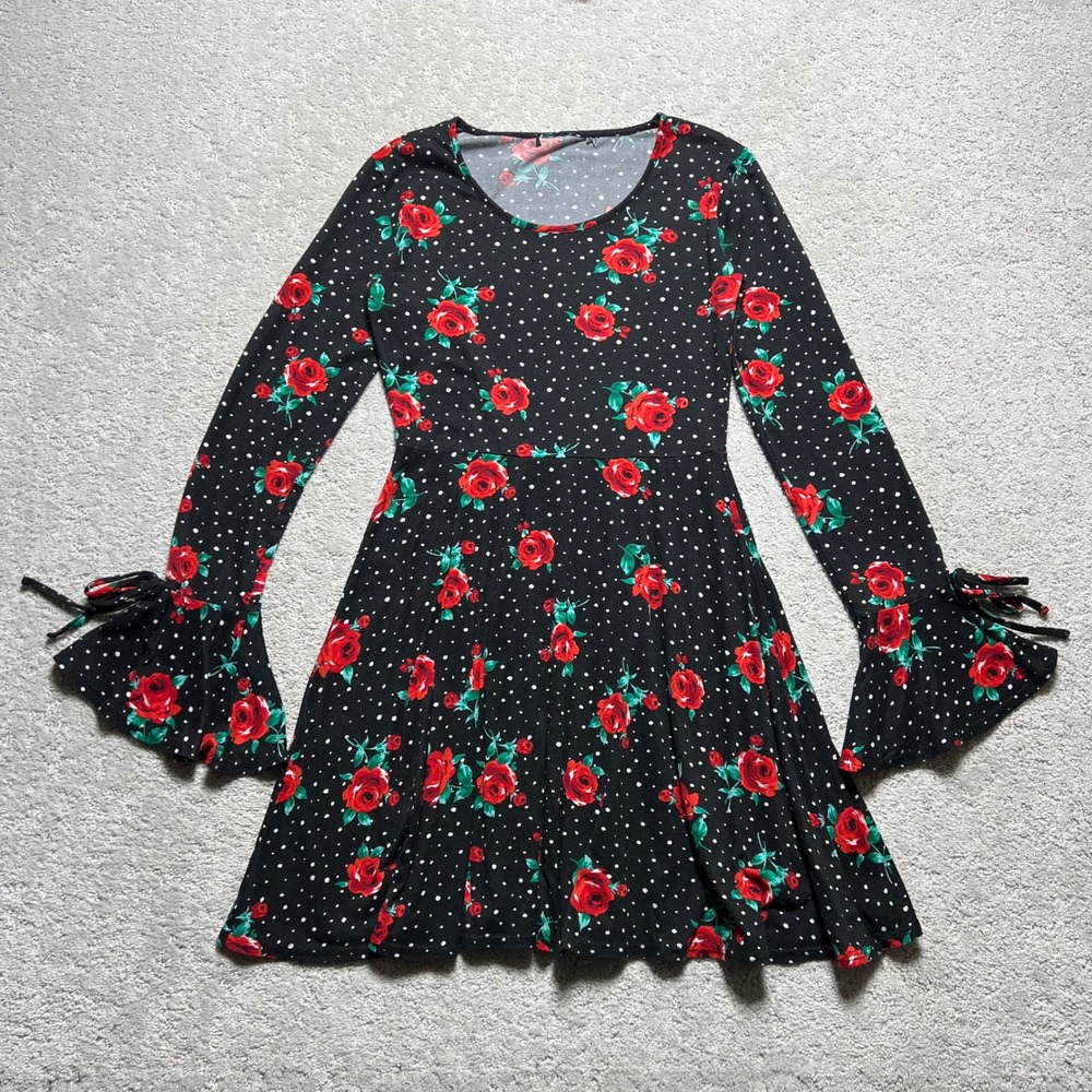 Derek Heart Dress Womens Small Black Floral Roses‎ Polka Dot Bell Sleeve Mini